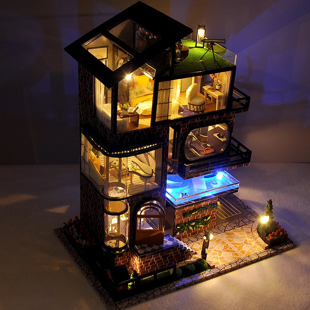 

Handcraft Miniature Doll House Furniture Kits Mini Wood Romantic Modern Villa Cottage House LED Light Toys