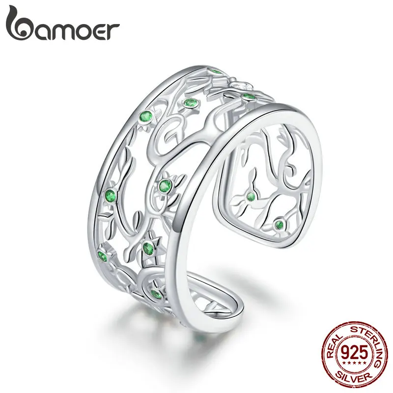 bamoer Tree of Life Wide Finger Rings for Women 925 Sterling Silver Free Size Adjustable Ring Band New Design Bague BSR125