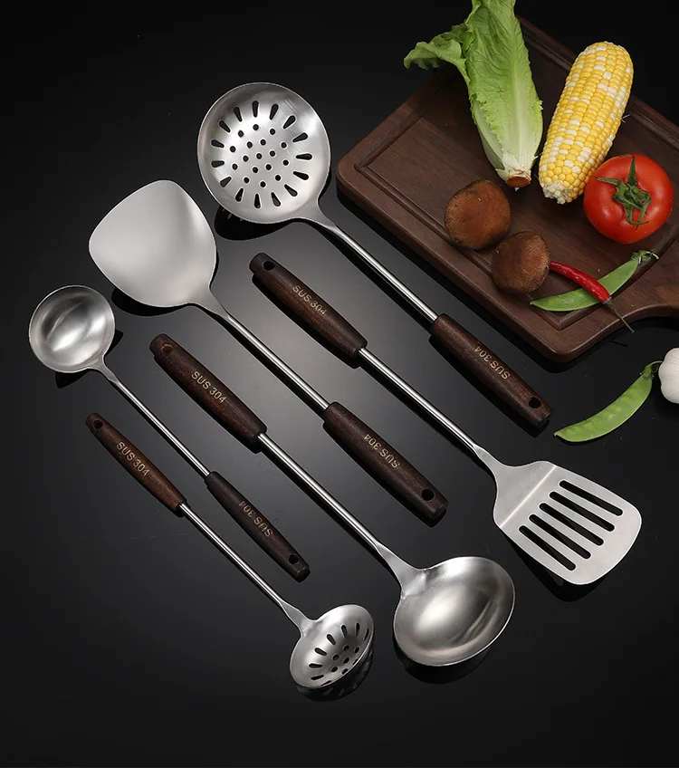 Набор кухонной посуды из нержавеющей стали 304 лопатка с деревянной ручкой для