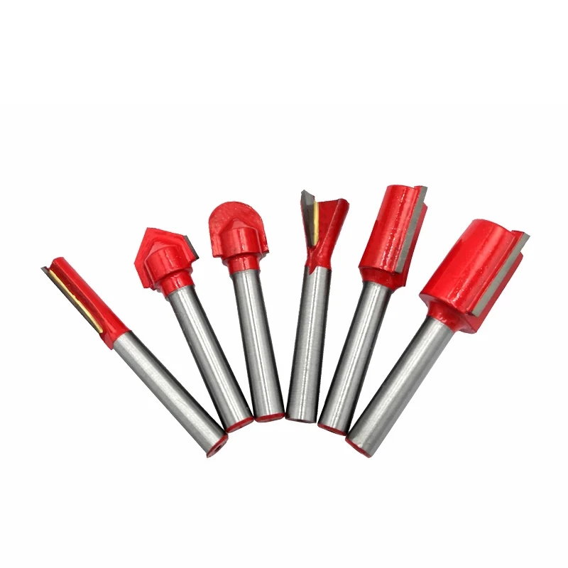 

6pcs 6mm Shank Wood Router Bit Straight T V Flush Trimming Cleaning Round Corner Cove Box Bits Milling Cutter for Wood MC06012