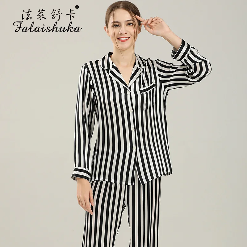 19 Momme 100% genuine silk pajamas sets women sleepwear Korean sexy striped Mulberry Silk womens pyjamas T8131_ZB