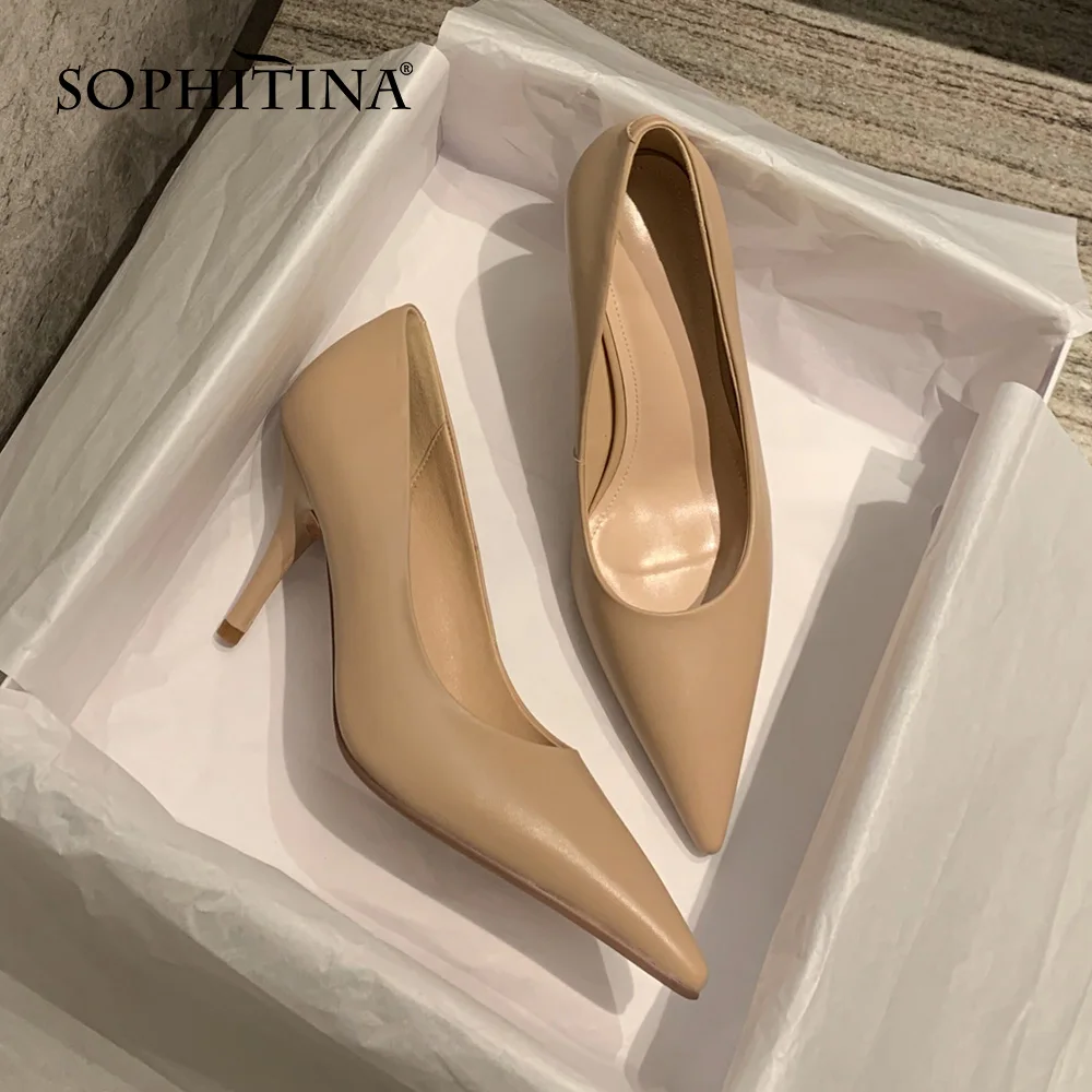

SOPHITINA Women Pumps Sexy Concise Pointed Toe Shallow Leather Pumps Thin Heels All-Match Elegant Party Wedding Lady Shoes DO536