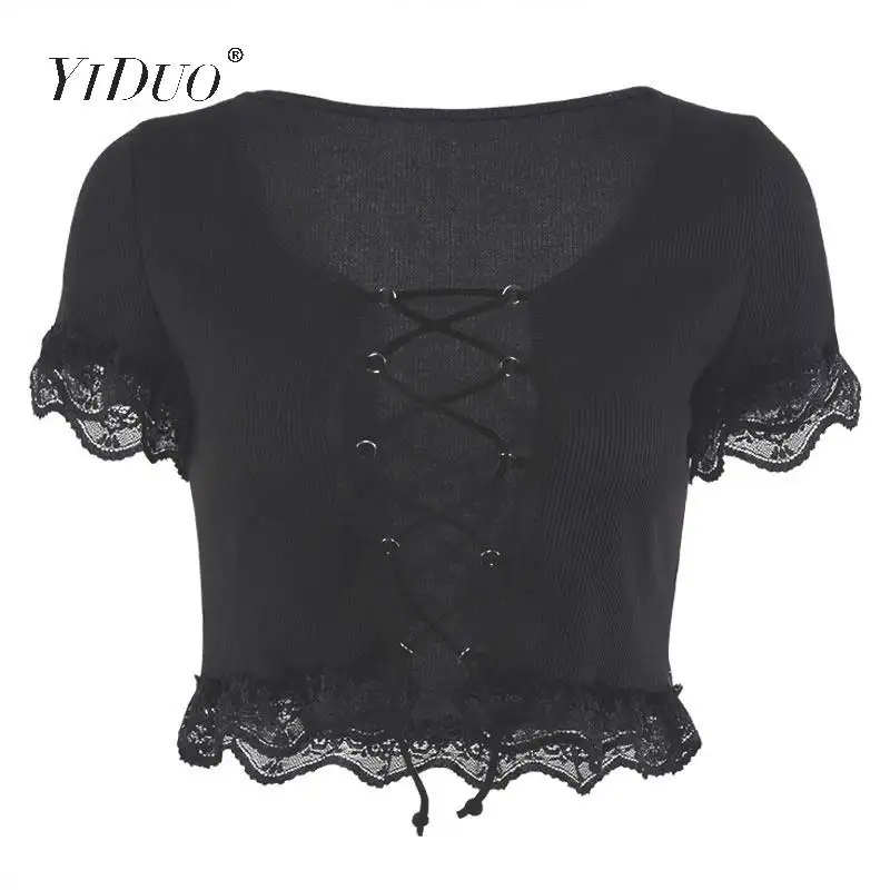 

YiDuo Summer Lace Up Women Tops T-Shirts Short Sleeve Fashion Sexy Black Hollow Out Club Crop Top Lace Bandage Top Streetwear