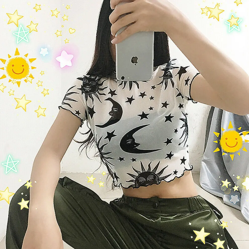 

Women Ladies Angel Mesh See-through Printed T-shirt Tops Short Sleeve T Shirts Summer Casual Clohes