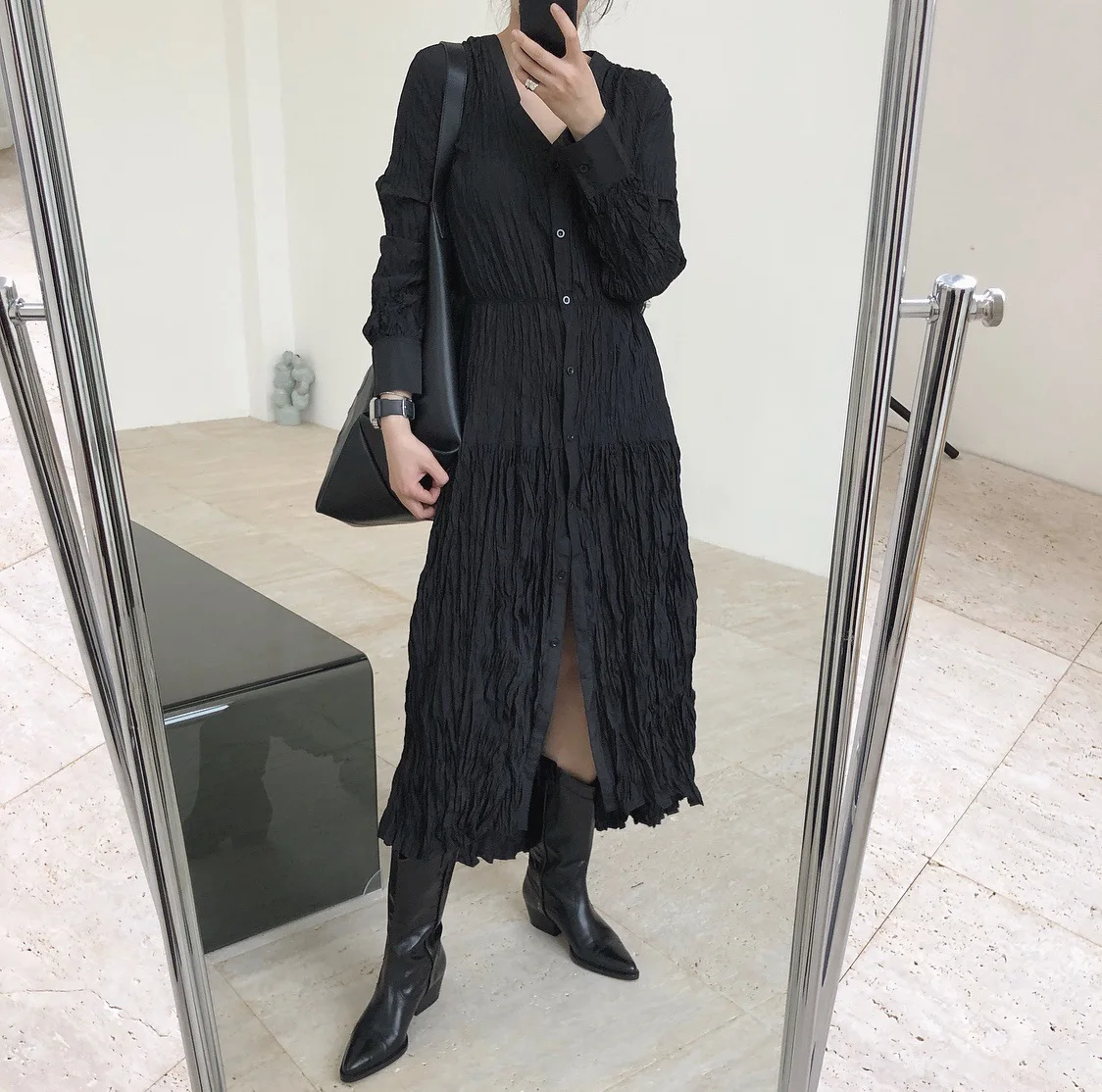 

DEAT V-neck full sleeves pleasted single breasted fold soft high waist elastic dress female vestido vacation WO30701