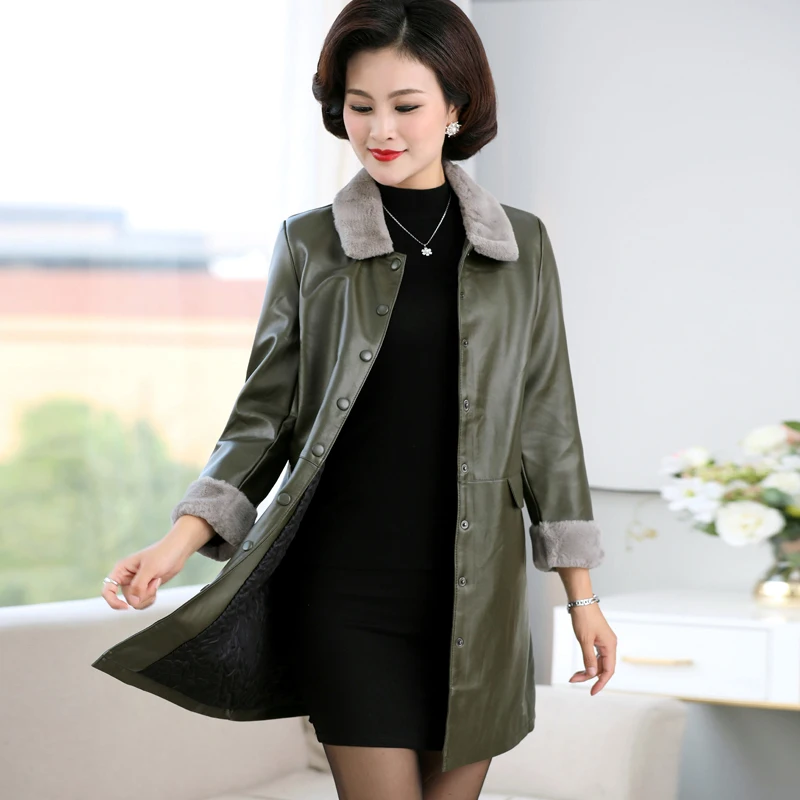

Autumn Winter Women PU Faux Leather Jackets Cotton Thick Plus Velvet Jacket Female Medium Long Coat Mom Gift Loose Plus Size 5XL