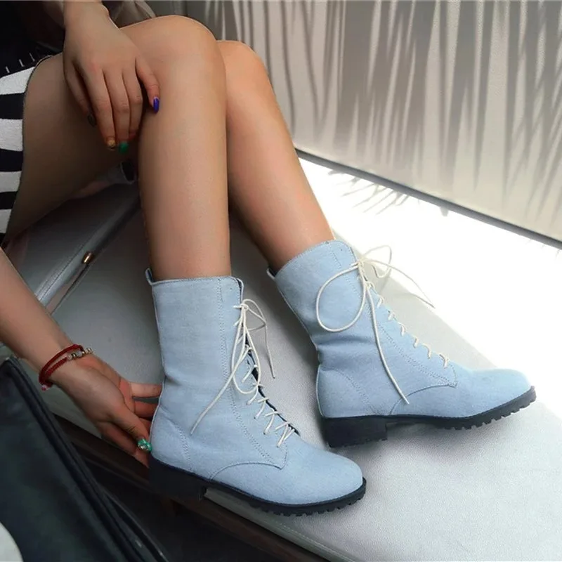 Женские ботильоны на шнуровке английские длинные джинсовые ботинки