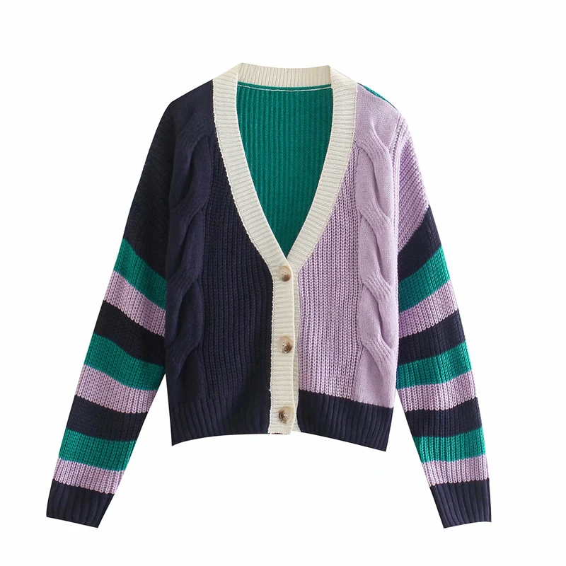 

Autumn and winter women's casual color matching V-neck long-sleeved cardigan sweater