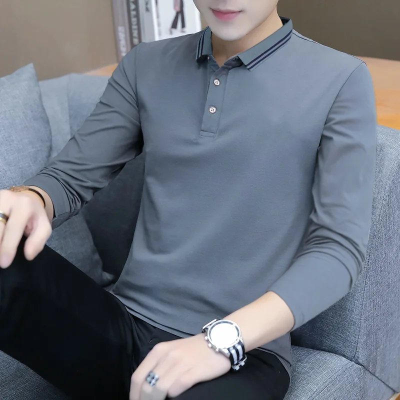 

Autumn new men's long sleeve T-shirt trend solid color large lapel cotton men's bottom shirt men clothing