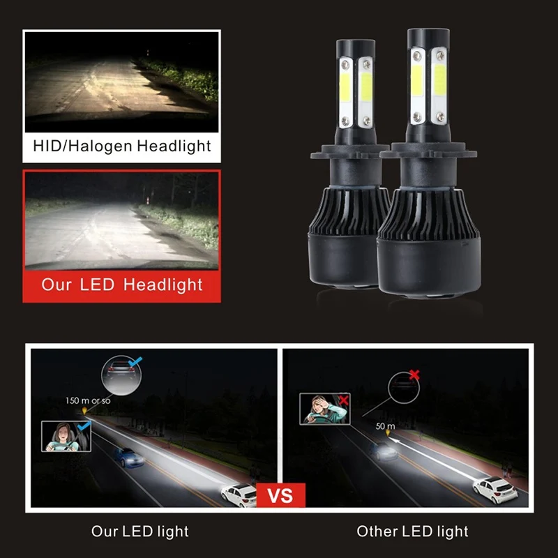 

1set 4 Sides X7 Lumens COB 100W 12000lm LED Bulb 5202 9004 9007 HB4 9006 9004 9012 Car Headlight Auto Headlamp Light 12v black