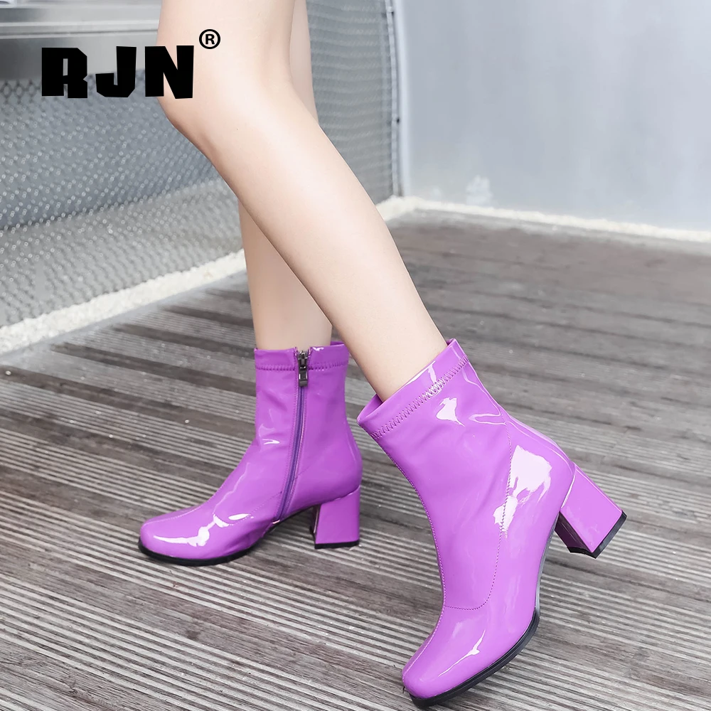 

RJN Women Short Boots Bright Patent Leather Round Toe Square Mid High Heel Zipper Ankle Boots New Fashion WOomen’s Shoes RO510
