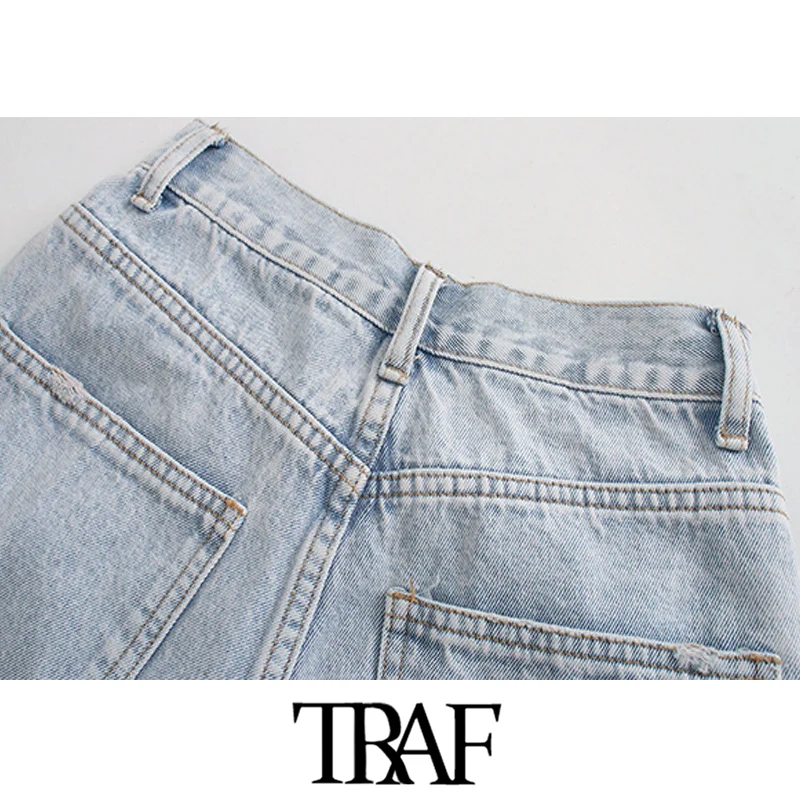

TRAF Women Chic Fashion Frayed Trim Pockets Denim Harm Pants Vintage High Waist Zipper Fly Female Jeans Pantalones
