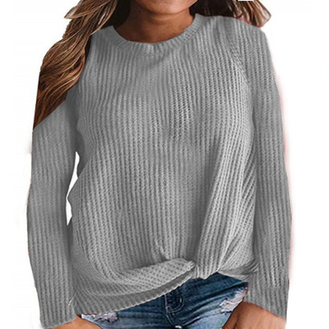 2019 Autumn New Hem Twisted Knit Sweater Round Neck Solid Color Long-Sleeved Pullovers Femme Outwear Causal Female Tops | Женская одежда