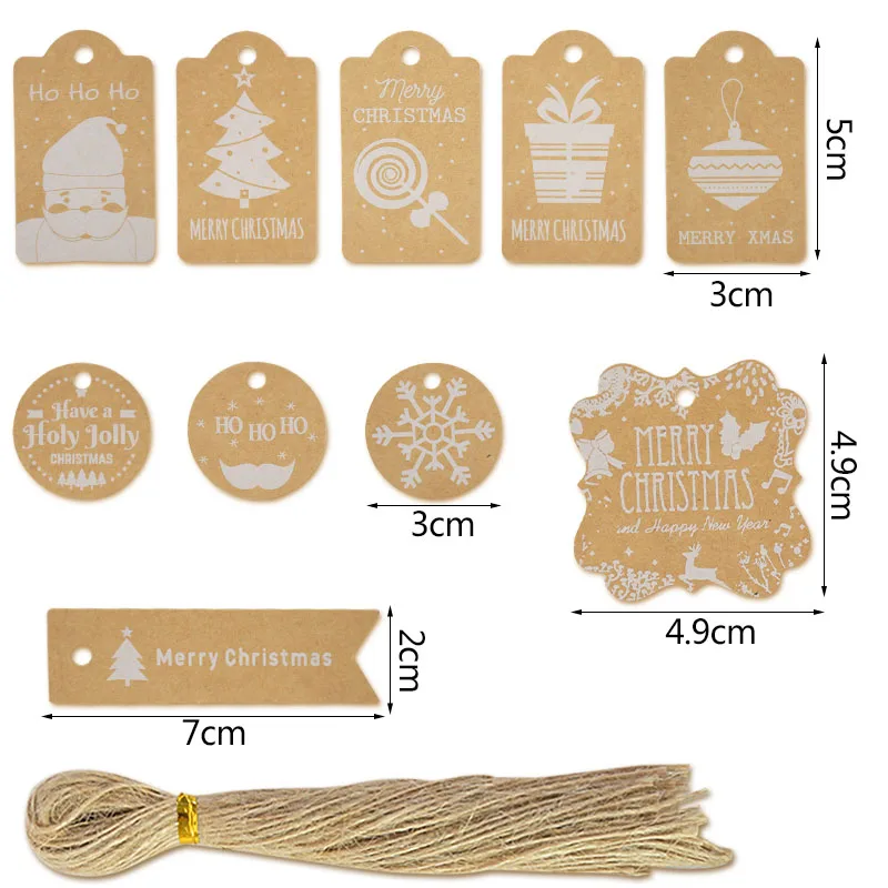 

50Pcs 10designs Merry Christmas Hang Tag With Rope Kraft Paper Gift Label Gift Wrapping Supplies Garment Tags