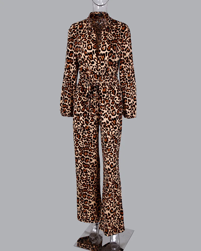 2020 Women Elegant Fashion Leisure Jumpsuit Female Stylish Deep V Neck Romper Leopard Tied Waist Long Sleeve Jumpsuit