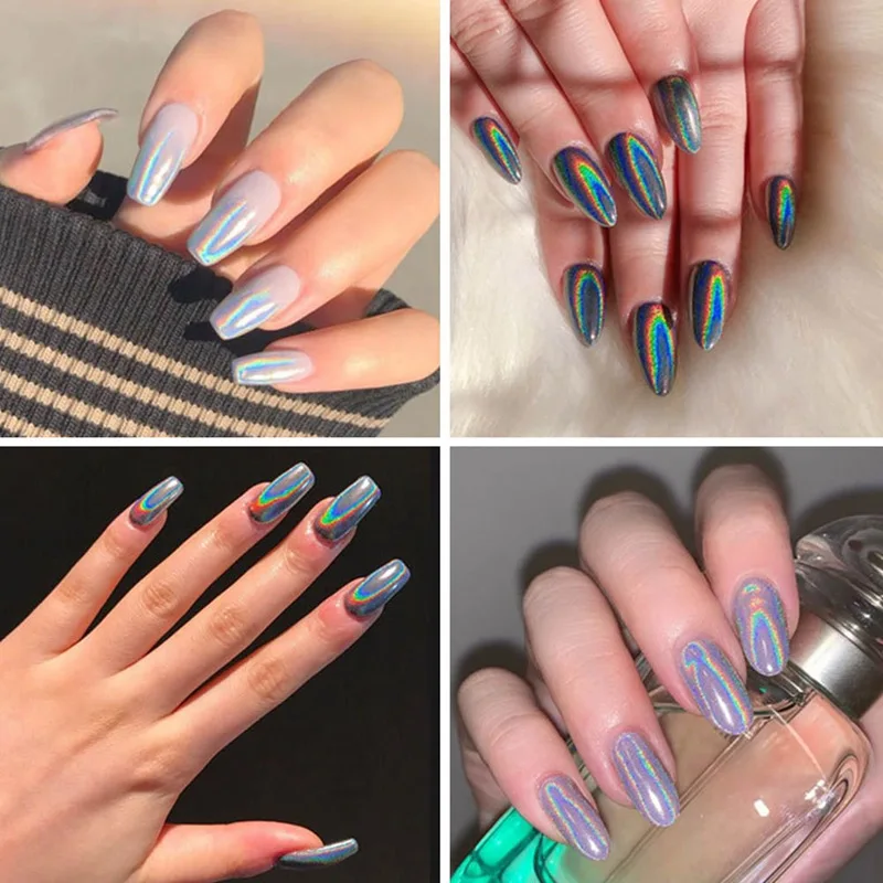 Голографическая пудра на ногтях лазерный Серебряный блестящий хромированный