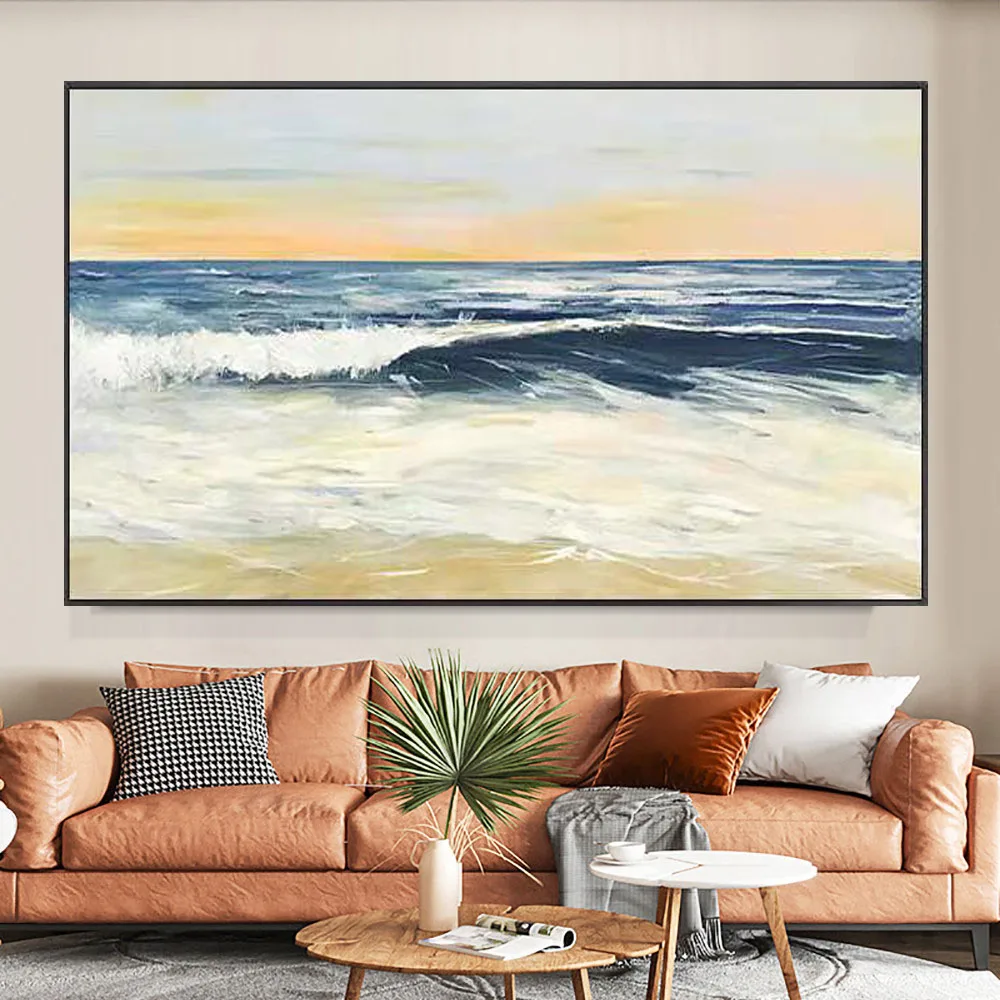 

Hand-painted modern oil painting abstract seascape ocean wave sunrise texture canvas painting living room decorative wall art