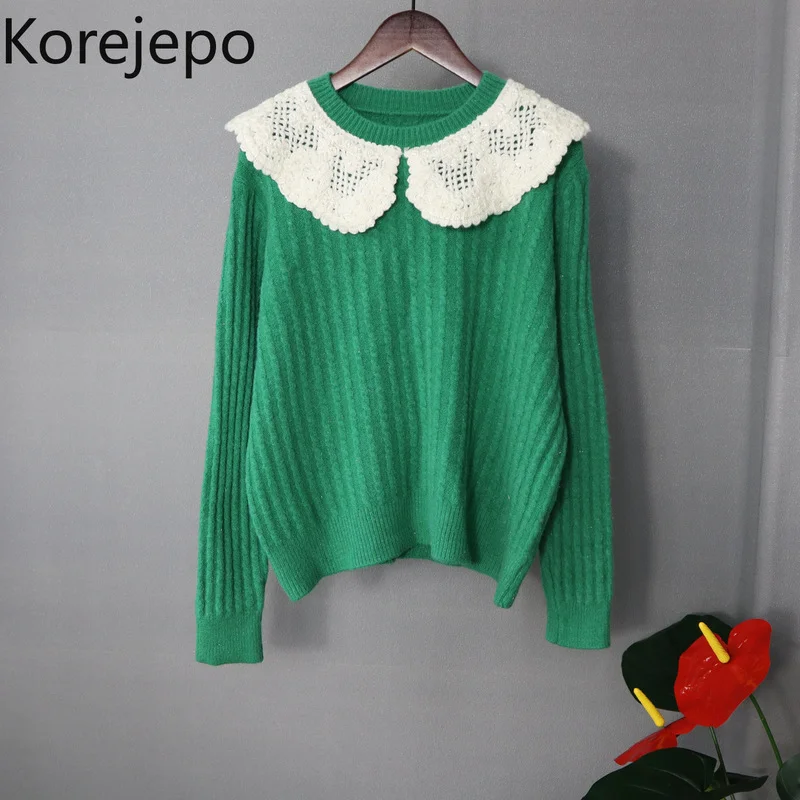 

Korejepo Women Doll Collar Stitching Sweater Pullover 2021 Autumn and Winter New Loose Sweet Japanese Gentle Style Knitted Tops