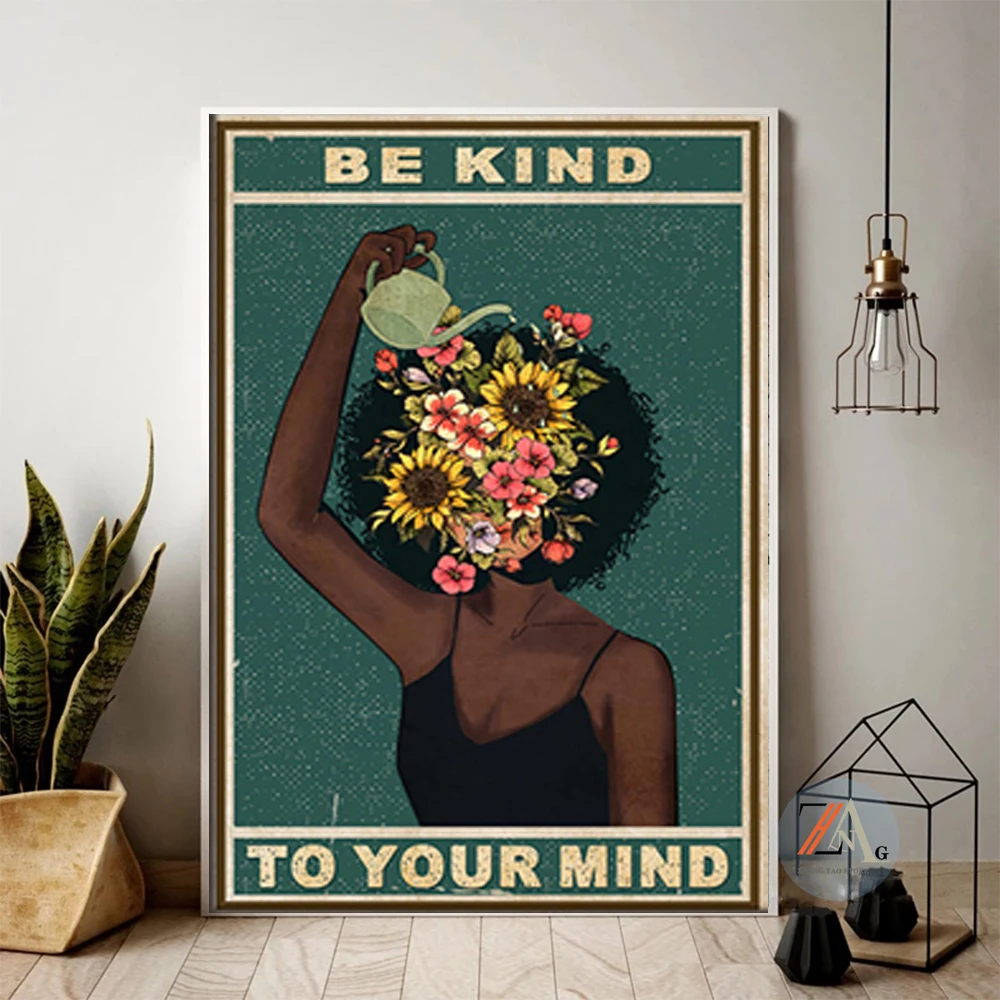 

Black Girl Mental Health Poster Mental Be Kind To Your Mind Positive Art Prints African Woman Vintage Canvas Painting Home Decor