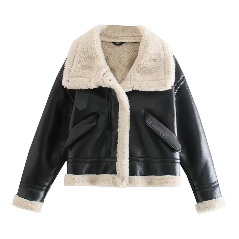

UNIQYB ZA Women's Winter Jacket Thicken Faux Leather Lambswool Short Jacket Pocket Vintage Loose Lapel Coat Chic Outerwear Mujer