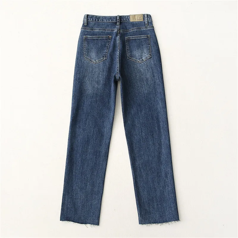 

Autumn and winter new style street casual high-waisted stretch frayed jeans women, solid color thinner nine-point straight jeans