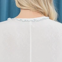 VOA Silk Jacquard Contrast Color Pair Silk Wood Ear O-Neck Shoulder Short Sleeve Blue Embroidery Loose White Woman Tshirts B65