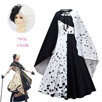 movie evil madame cruella de vil cosplay costume kids gown black white princess dress halloween party clothing with cloak wig