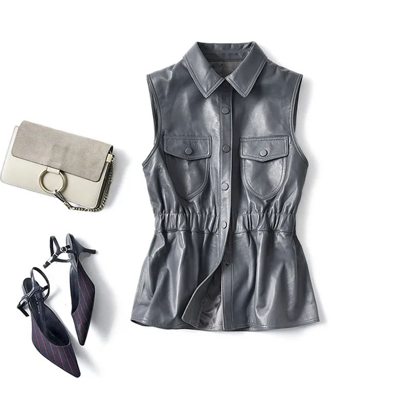 Жилет женский из овечьей кожи с карманами на резинке однобортный | Женская одежда