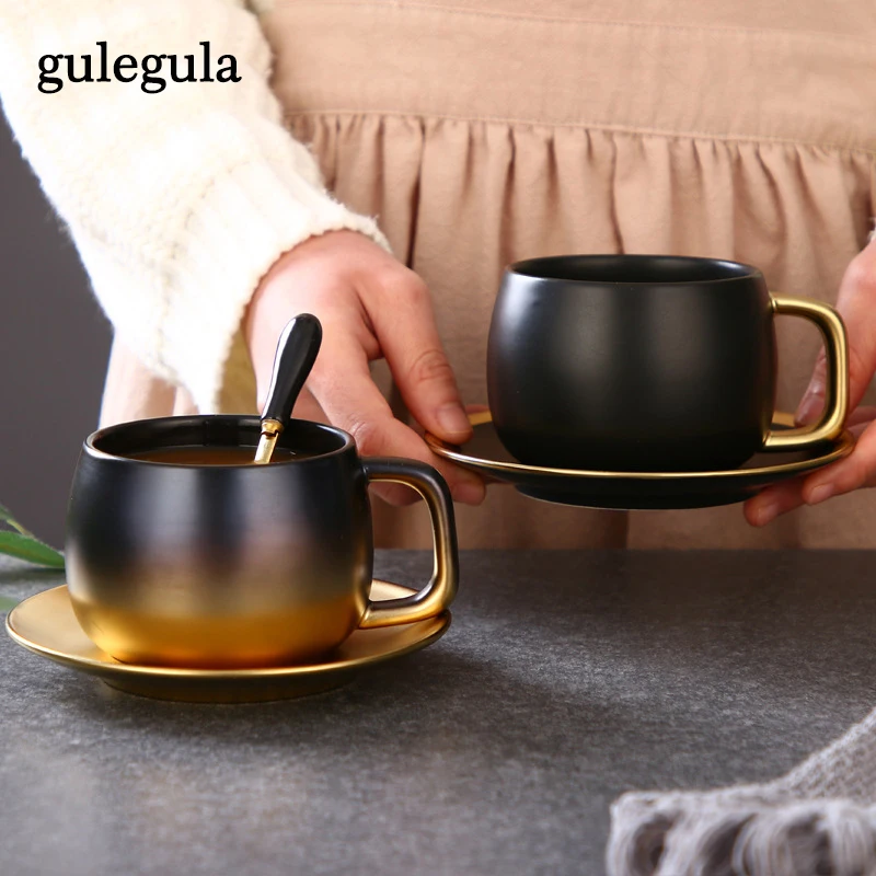 

Luxury Black Gold Marble Ceramic Coffee Cups Condensed Tea Juice Breakfast Milk Mugs Saucer Suit with Plate Spoon Sets Drinkware