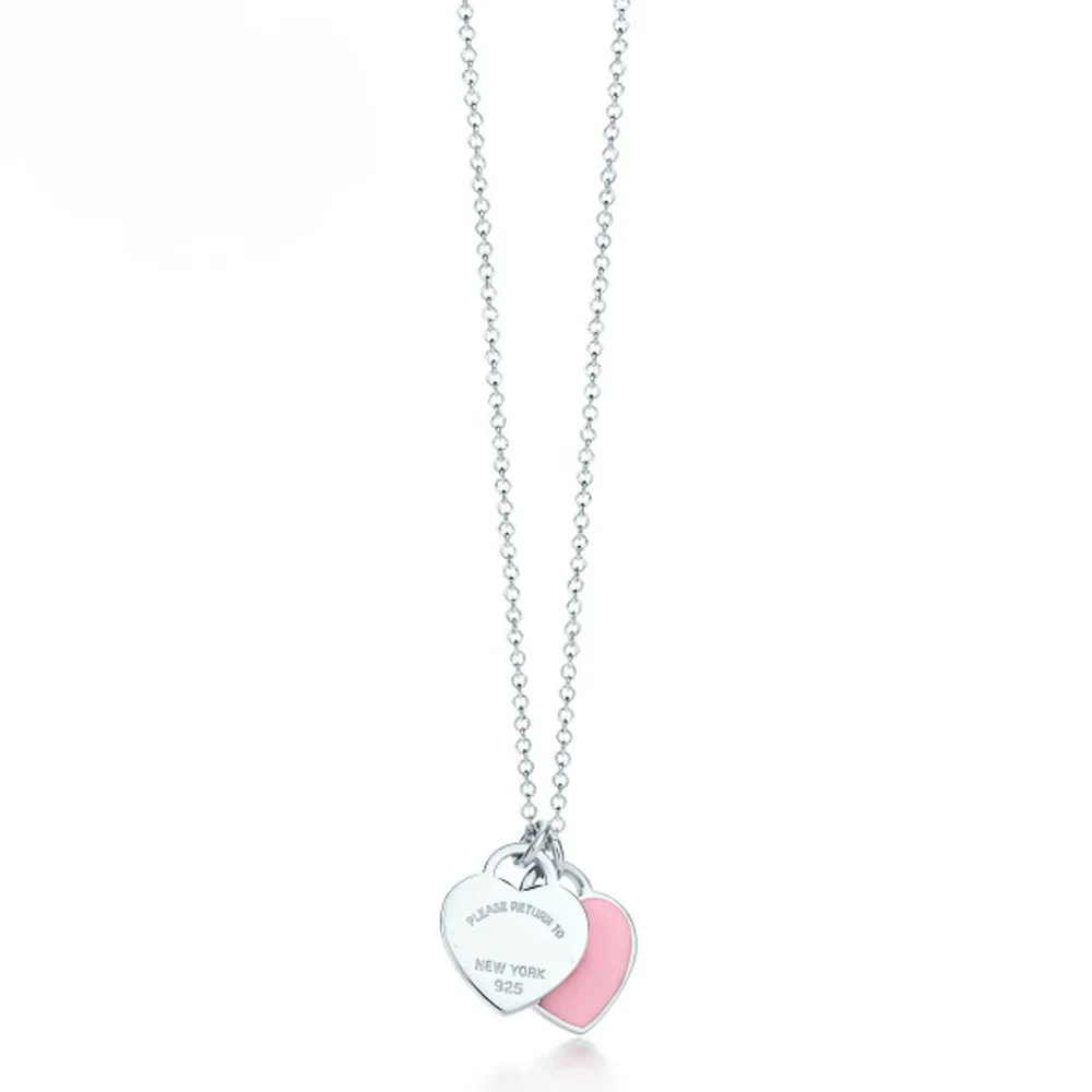 

100% Classic Silver S925 women's necklace, fashionable 45cm, 60cm Double Heart Pendant Necklace, give girlfriend engagement gift