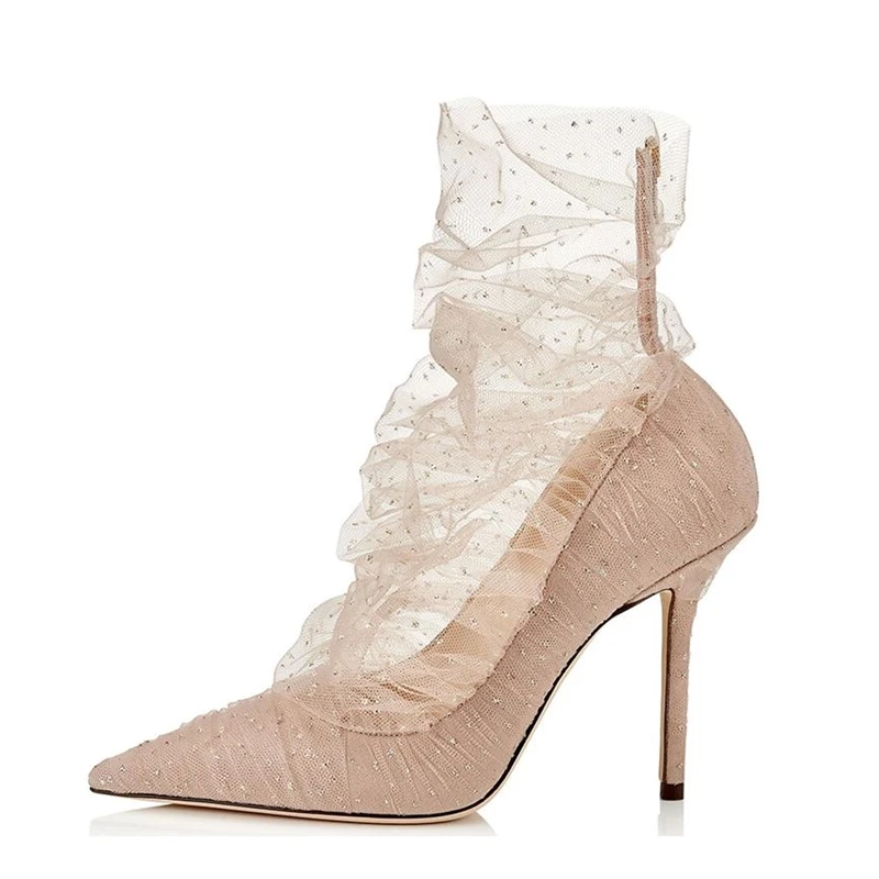 Туфли женские свадебные с острым носком высокий каблук лоскутные кружевные