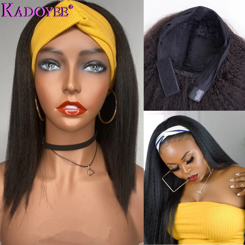 

Kinky Straight Human Hair headband wig Natural Color Yaki Half Wig Glueless Brazilian Remy Hair Full Machine Wig For Women 180%