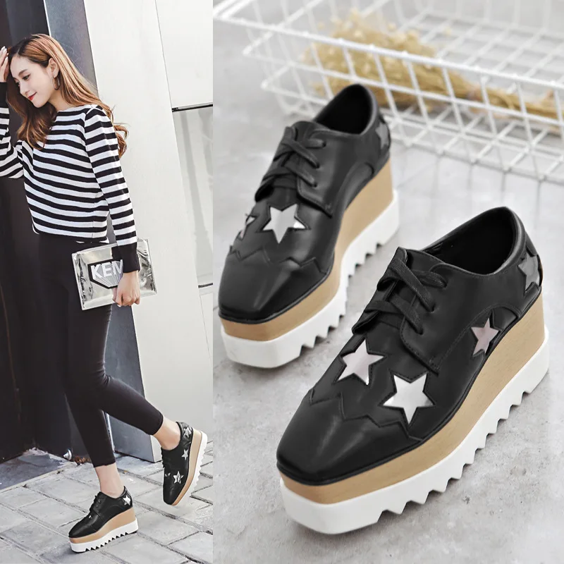 

CEVABULE 2020 Women Fashion Star Shoes Thick-soled Muffin Shoes High-heeled Square-toe Single Shoes Women's Shoes HZB