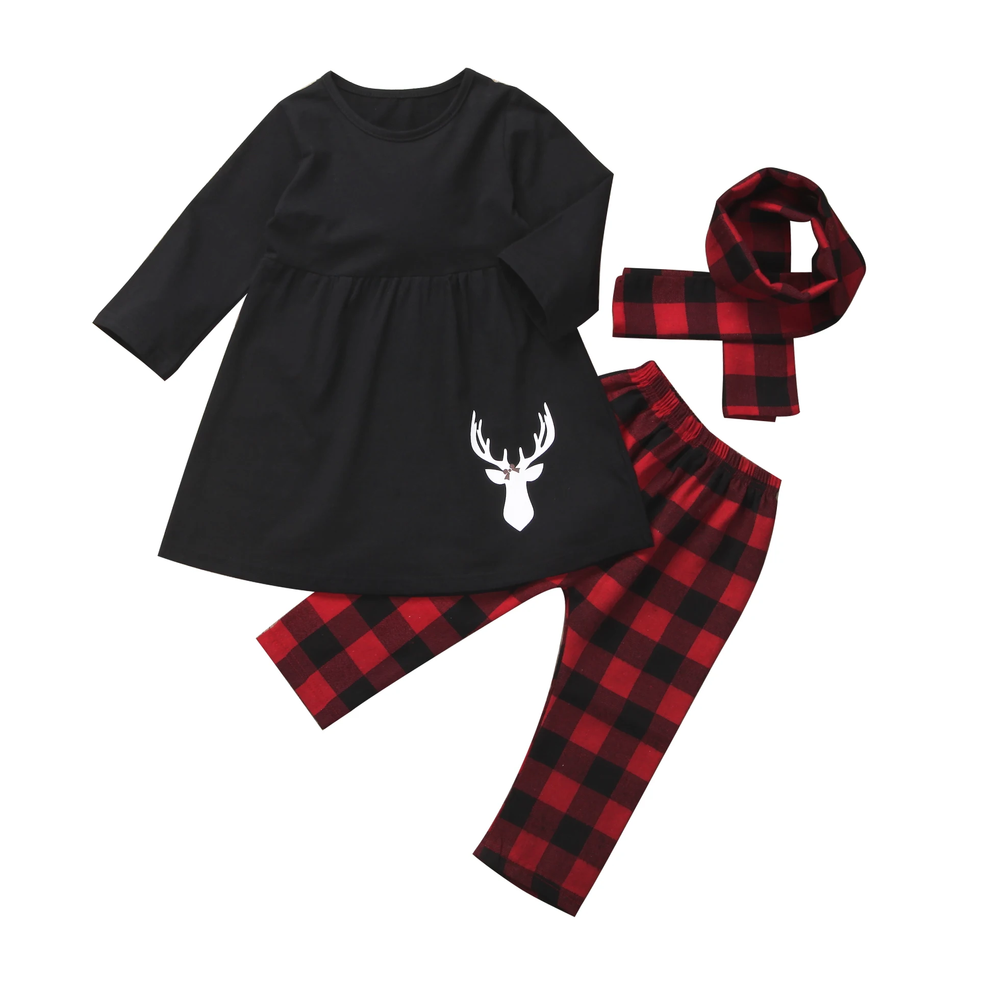 

3PCS Toddler Kid Baby Girls Xmas Outfits Clothes Long Sleeve Dress Tops+Plaid Pants+Scarf for 1-6Y