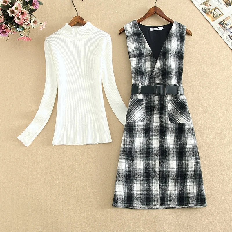 

2020 New Autumn Winter Elegant Long Sleeve Knit Pullover Turtleneck Sweater + Belt Plaid Woolen Strap Dress Suits Two-piece Sets