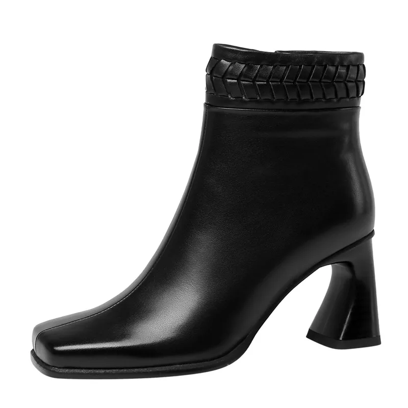 

Retro Square Toe Women's Boots High Heel Ankle Boots Genuine Leather Zipper Shoes Strange Heel Short Boats Mujer Autumn Winter