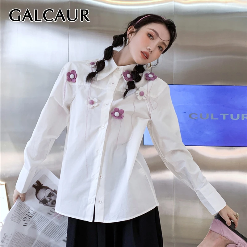 

GALCAUR Casual Button Up Shirt For Women Lapel Collar Long Sleeve Patchwork Floral Blouses Female Korean Fashion Autumn Clothing