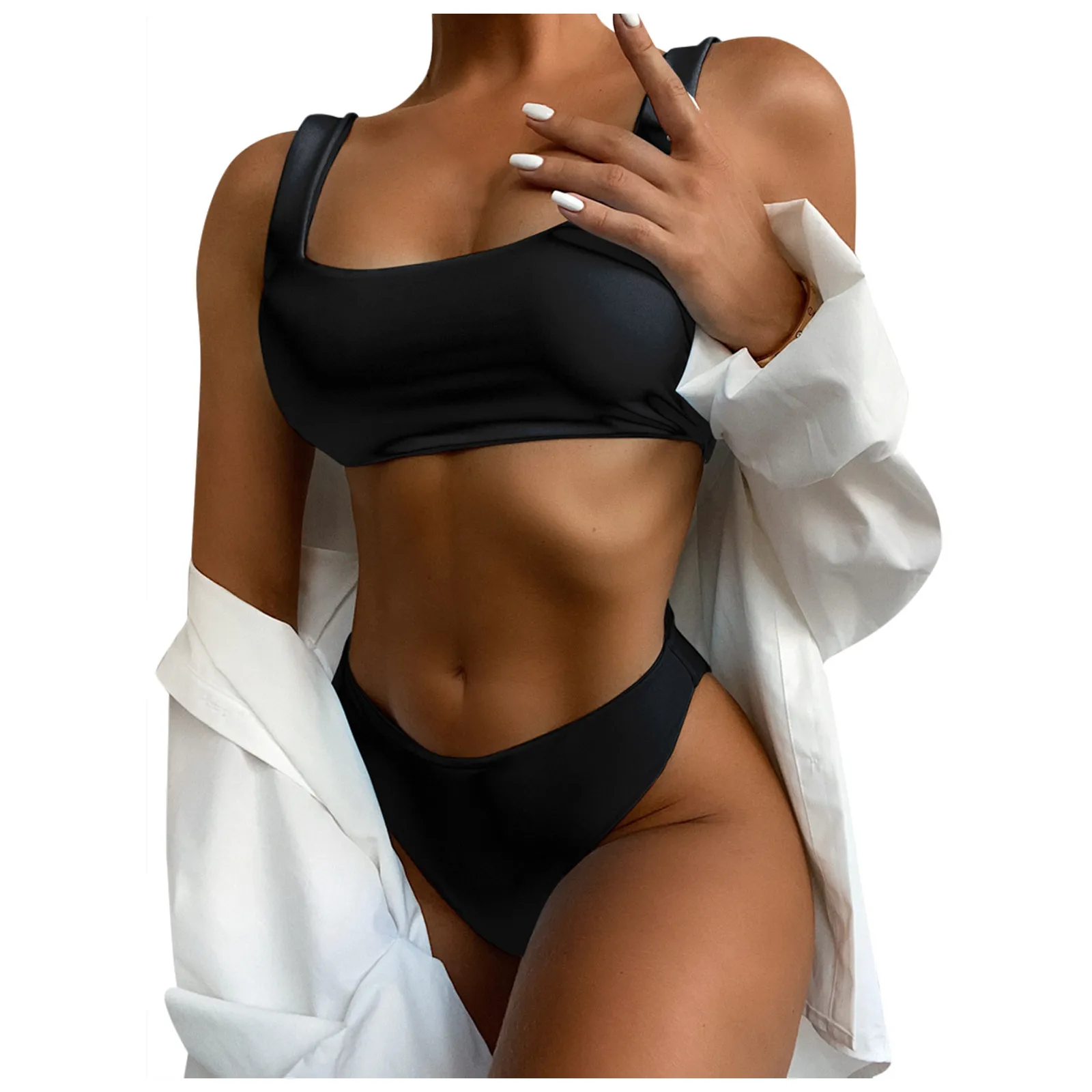 

Women's Sexy High Cut High Waist Plain Beach Swimsuit Double Side Swimwear Female High Waist Swimwear Bathing Suit Biquini