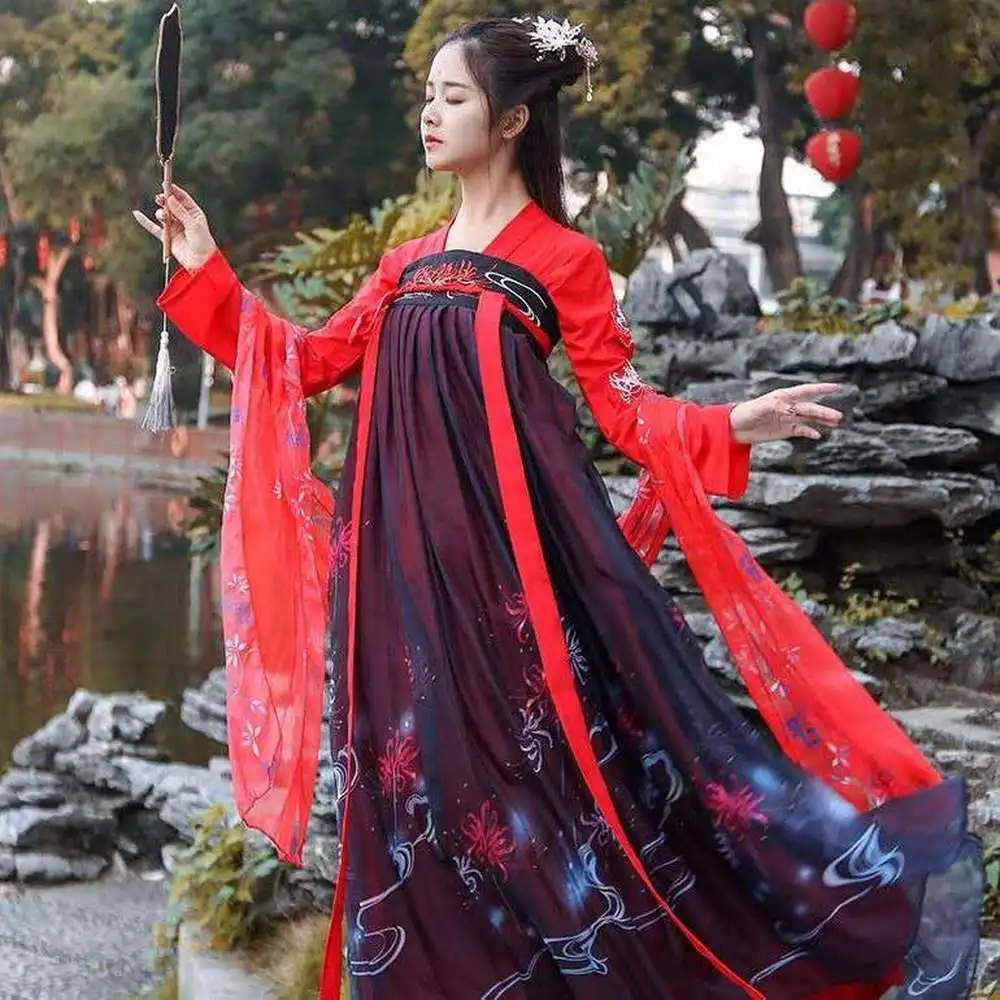 

Женские костюмы Hanfu, повседневное осеннее платье в китайском стиле, традиционная вышивка, 6 метров, большое свободное платье, красное, черное платье Hanfu