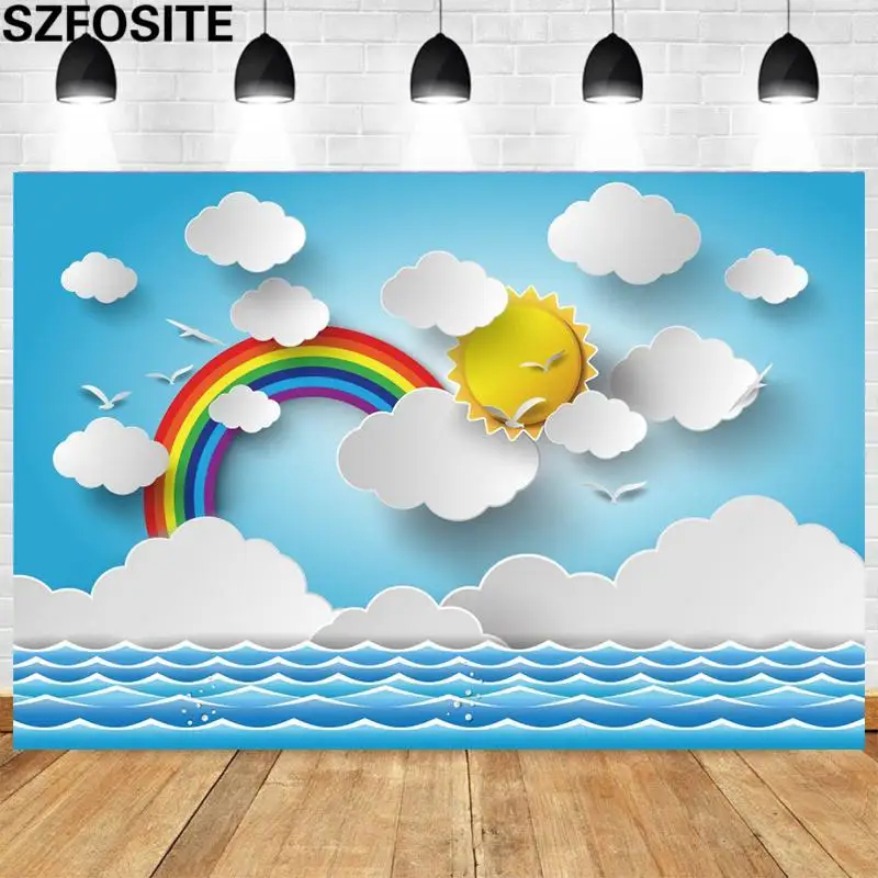 

Виниловый фон для фотосъемки детей с изображением вечерние бого неба белых облаков радуги солнца красивых морских пейзажей