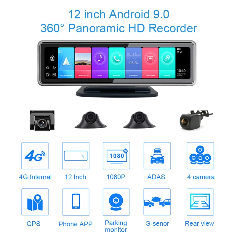 12-дюймовый 4-канальный панорамный видеорегистратор 360 ° Android 9 0 ADAS GPS-навигатор
