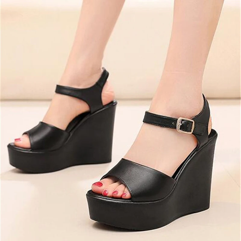 

YAERNI New Black White Cowhide Summer Leather Slippers Increase Shoes Woman Sandals Large Size Wedges High Heel Shoe 6 / 8 / 11
