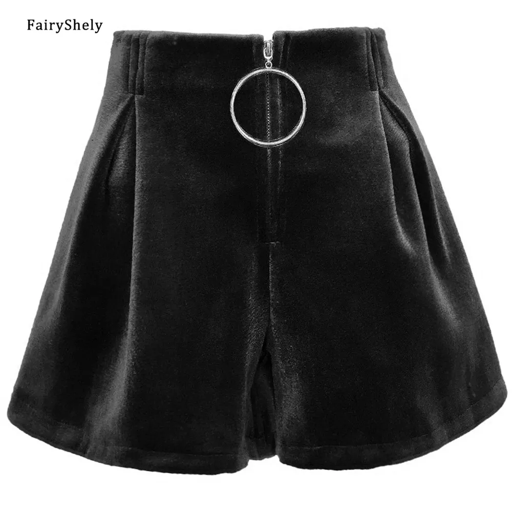 

FairyShely 2021 Korean Warm Women Wide Leg Shorts Black High Waist Zipper Corduroy Aesthetic Women Shorts Casual Fashion Shorts
