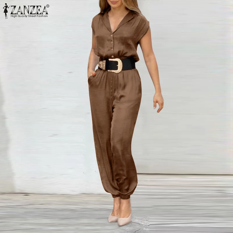 Комбинезон ZANZEA женский с отворотом модный длинный однотонный ромпер коротким