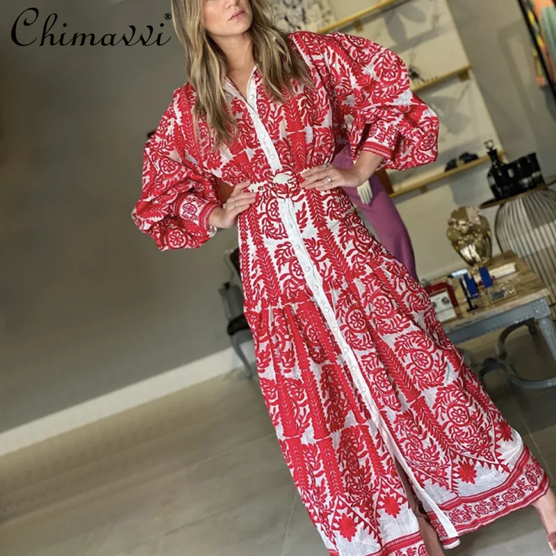 

European Style Women's 2021 Autumn New Single-Breasted Fashion Maxi Dress Ladies Retro Solid Color Printing A-line Long Dress