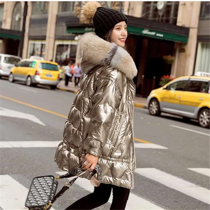 

Women Winter Duck Down Jacket Hooded Big Fox Fur Collar Puffer Coat Korean Shiny Womens Down Jackets Parka