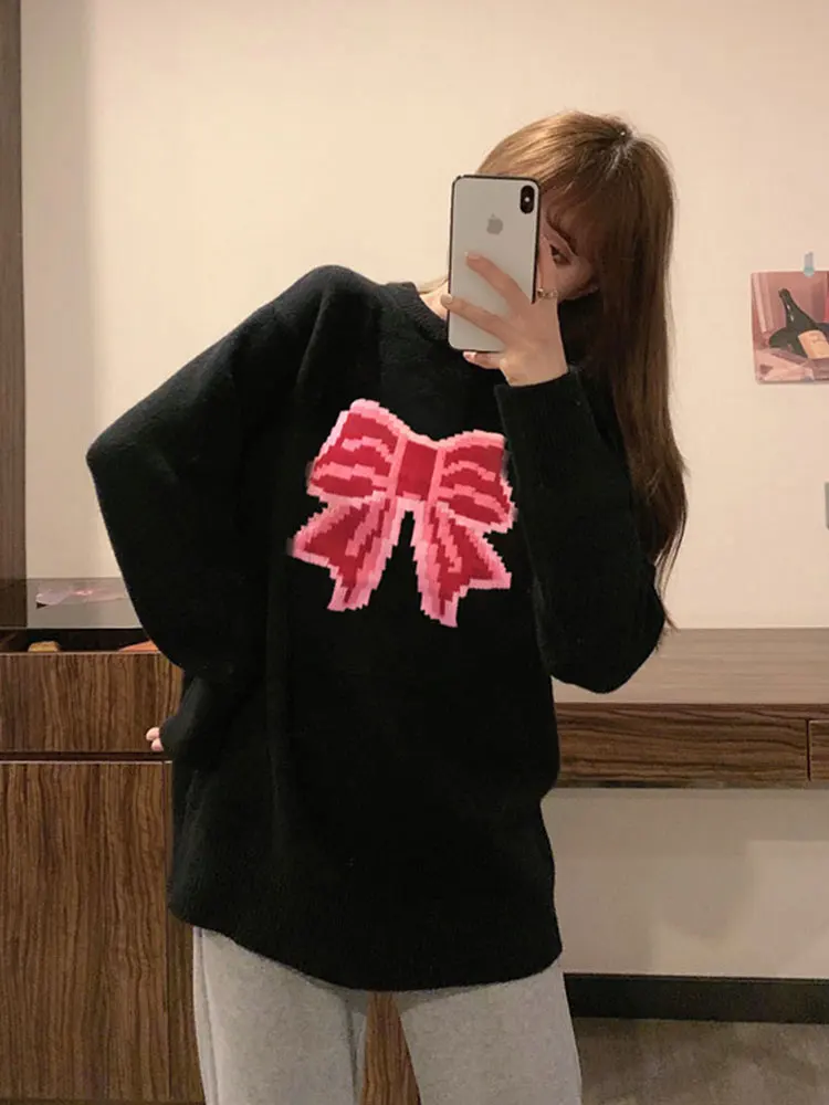 

Girl's bow sweater Wang autumn and winter outer sweater pullover lazy wind loose Japanese top