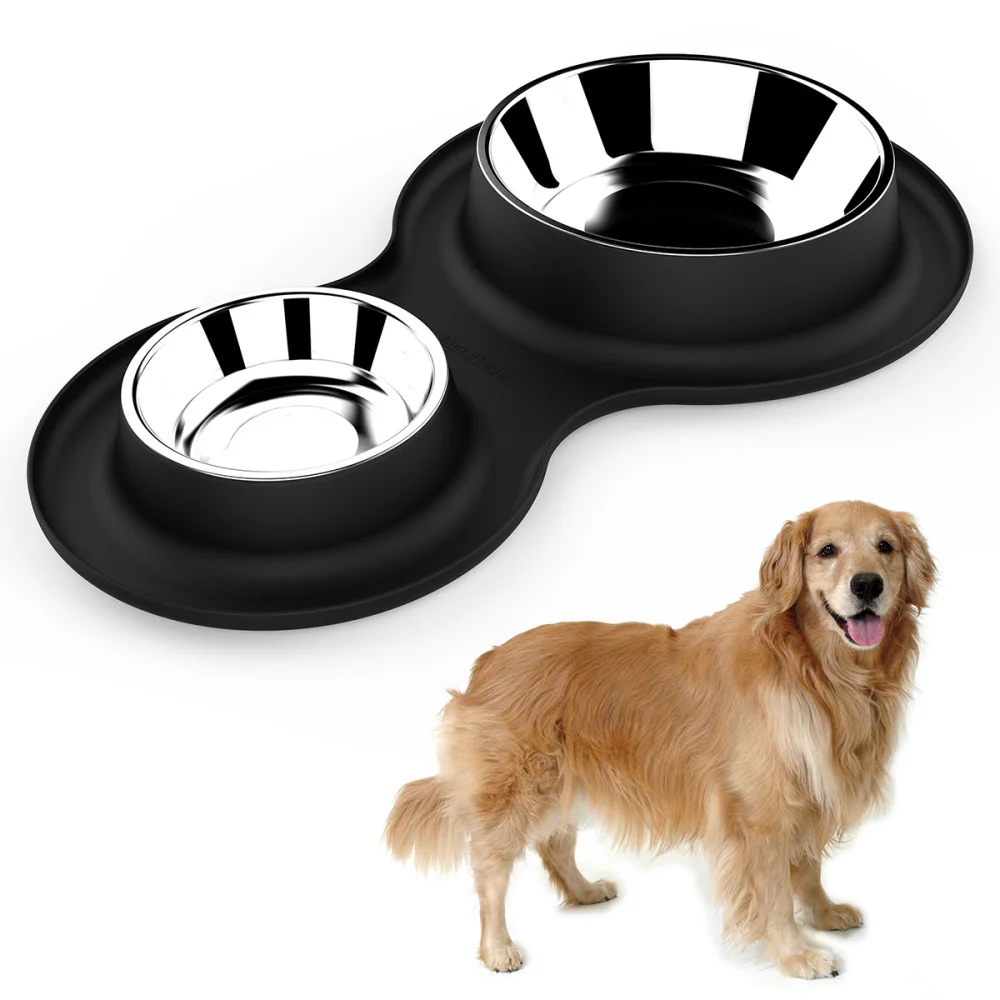 

Dual Stainless Steel Dog Bowl Pet Water Food Feeder Bowl Dog Food Bowl Pet Bowl with Silicone Base (Black)