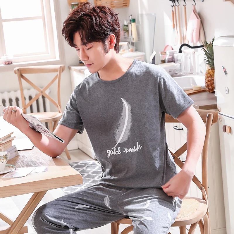 Мужская Хлопковая пижама с короткими рукавами Повседневная Пижама в полоску