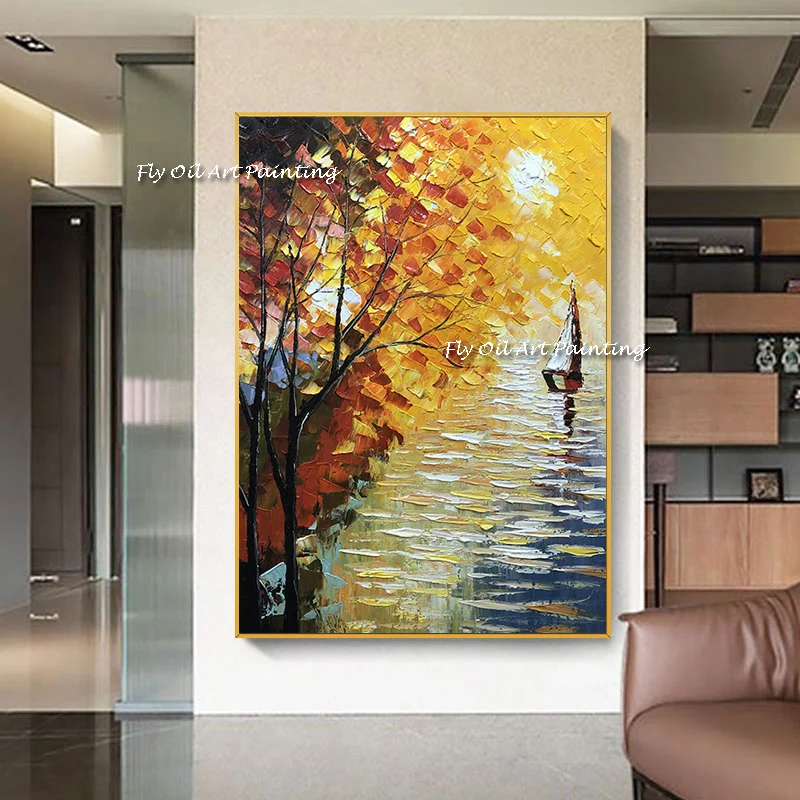 

The Fall View Forest Sunset Ship Abstract Hand Painted Oil Painting Art Wall on Canvas Paintings Mural Decoration For Home River